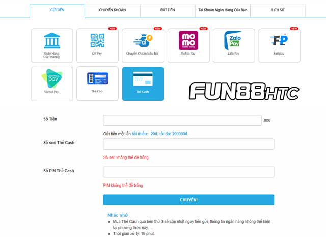 Cách gửi tiền Fun88 qua thẻ Cash - Không cần kết nối ngân hàng!