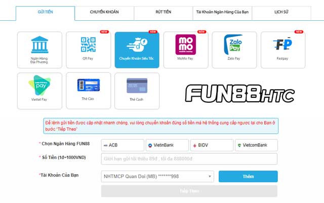Mách bạn cách gửi tiền Fun88 qua chuyển khoản siêu tốc